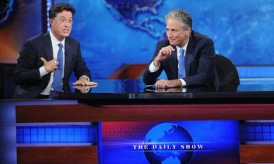 stephen colbert and jon stewart on the daily show in 2015