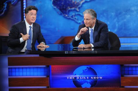 stephen colbert and jon stewart on the daily show in 2015