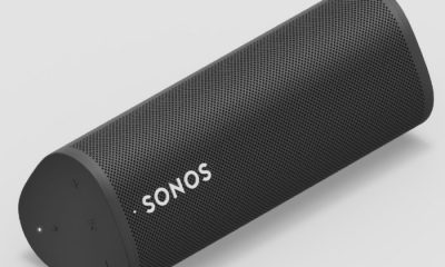 A black semi-cylindrical Sonos Roam portable speaker.