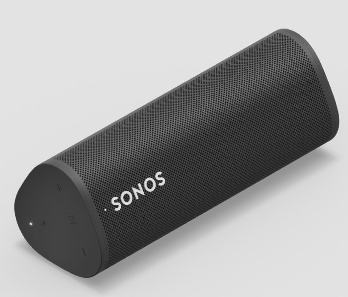 A black semi-cylindrical Sonos Roam portable speaker.