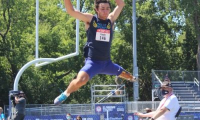 Ezra Frech competing in long jump