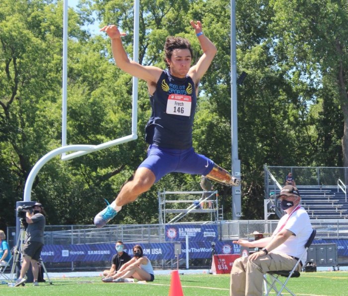 Ezra Frech competing in long jump