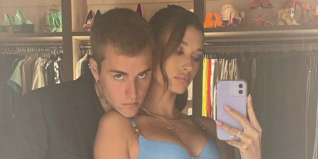 Here's Hailey Bieber Posing in Blue Versace Latex Dress With Justin on Their Date Night