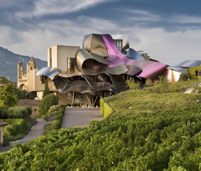 An exterior view of the Hotel Marqués de Riscal in La Rioja, Spain