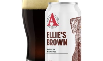 Filled pint glass and can of Avery Ellie's Brown beer
