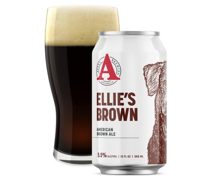 Filled pint glass and can of Avery Ellie's Brown beer