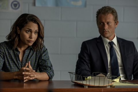 monica raymund in hightown in a police headquarters with co star james badge dale