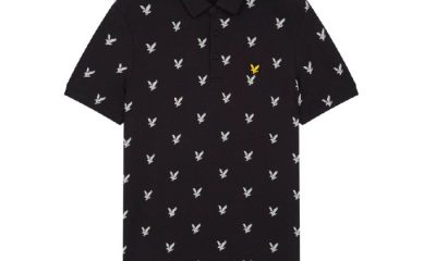 Black, short-sleeve Lyle and Scott Eagle Print Polo with small white bird pattern