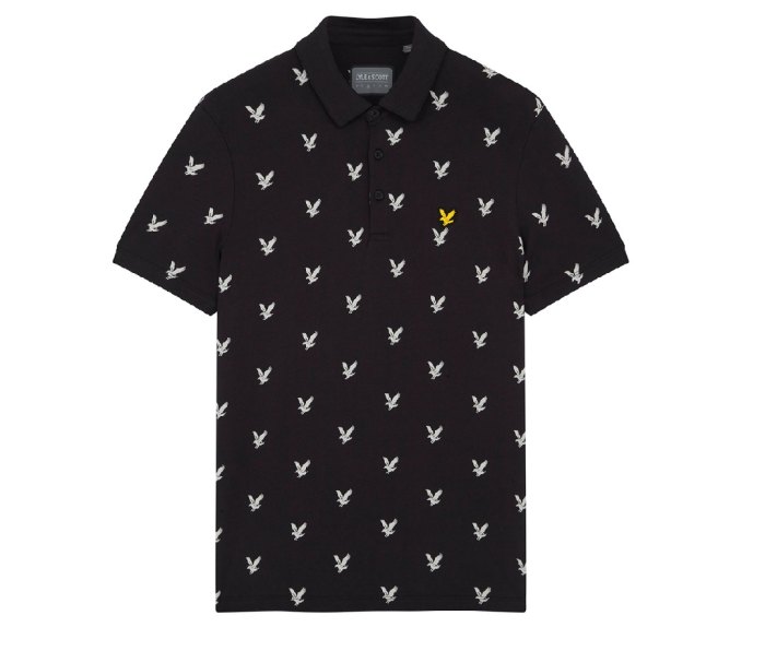Black, short-sleeve Lyle and Scott Eagle Print Polo with small white bird pattern