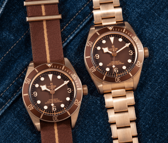 Tudor Black Bay 58 Bronze watches side-by-side on a denim background