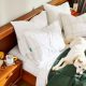 Pillows on bed with white dog on green comforter