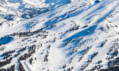Full image of Mammoth Mountain with its snowboarding park in the lower left