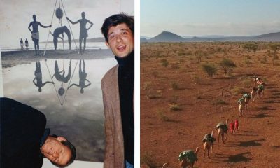 Image left is of two men posing in front of poster. Image right is of camels walking across desert