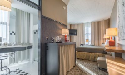 Guest room at the Proximity Hotel in Greensboro, NC