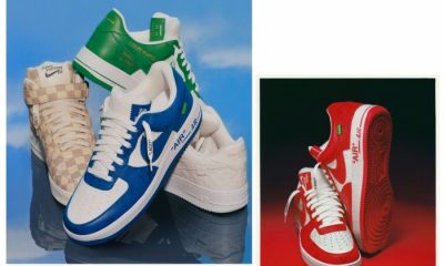 Red, green, blue, and tan checkered Air Force 1 sneakers