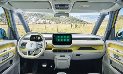 Front dashboard of yellow and white Volkswagen ID. Buzz