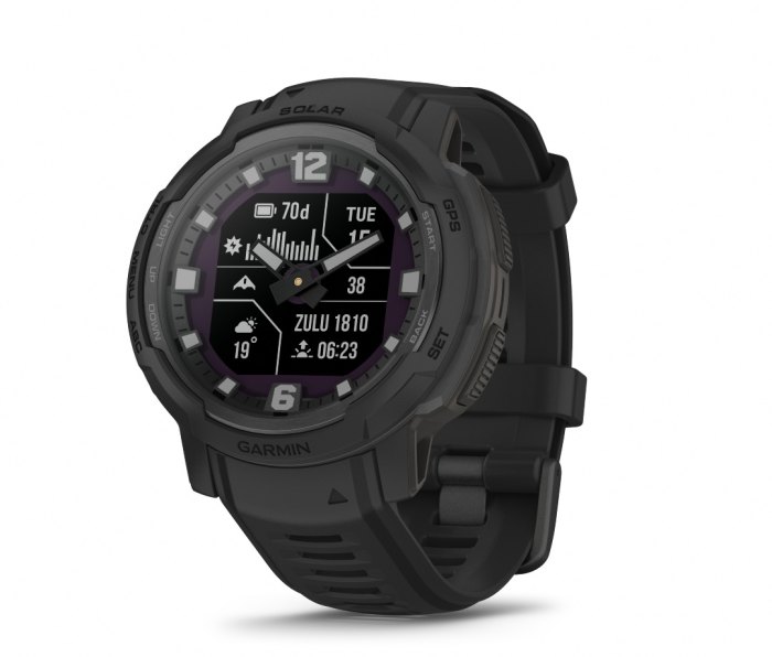 Black Garmin Instinct Crossover smartwatch on white background.