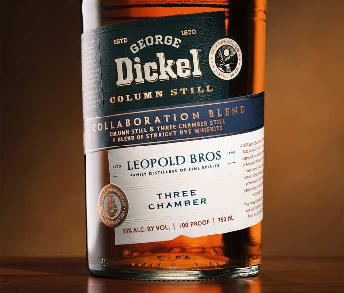 Bottle of George Dickel and Leopold Bros. rye whiskey blend.